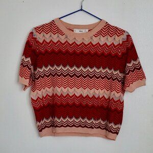 Mango Red Multicolored Knitted Sheer Shortsleeve Top